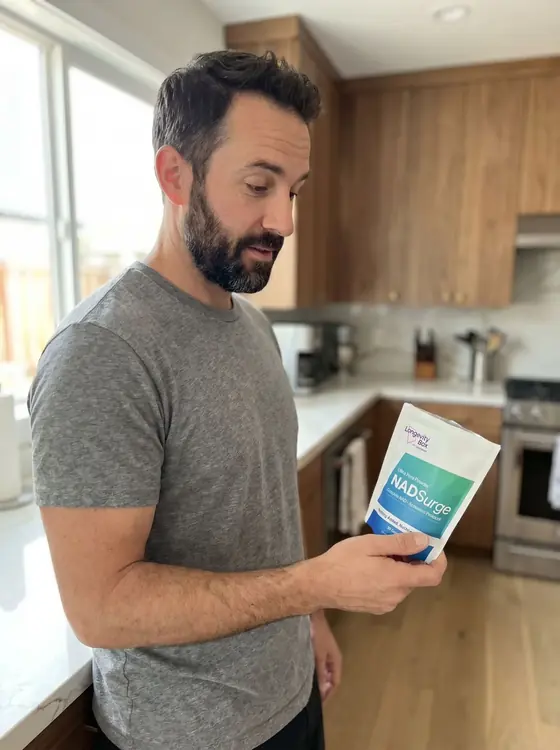 Customer holding NAD Surge in the kitchen