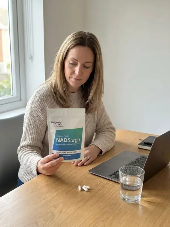 Customer reading the NAD Surge label at her desk