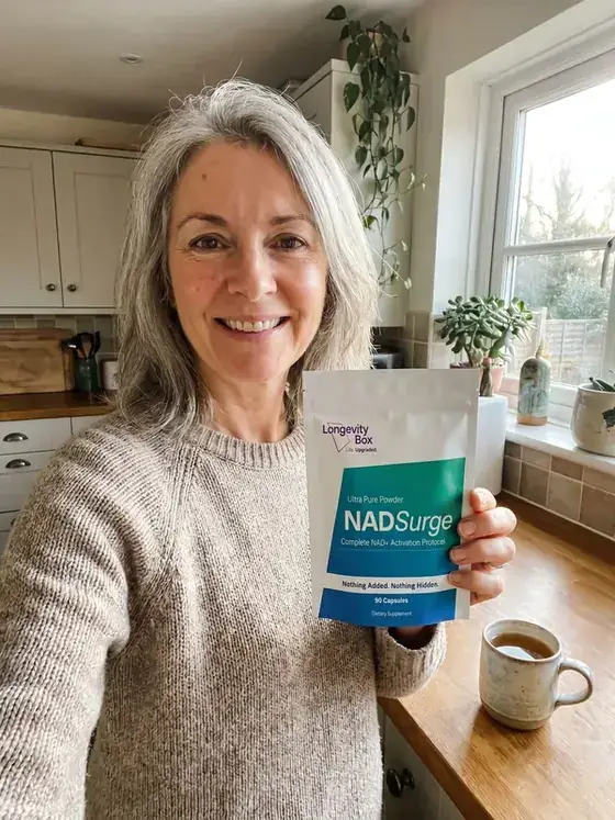 Customer with her NAD Surge pouch at breakfast
